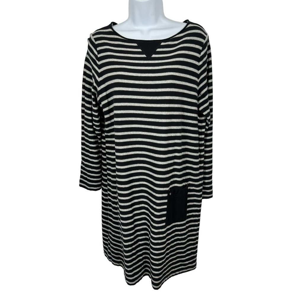 J. Jill Medium Knit Dress Long Sleeve Black Gray Striped Knee Length‎ Cotton